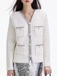 Women's Jackets Women Sequin Trim Coat V-Neck Long Sleeve Diamond Buckle Elegant Spring 2024 Ladies Jacket