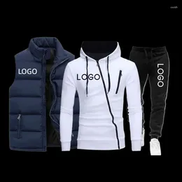 Men's Tracksuits Custom Logo Autumn Winter 3 Piece Set Hoodie Sweatpants Vest Male Causal Tracksuit Outfits Warm Jogging Suit