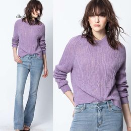 purple jeans Autumn and Winter New French Niche ZV Women's Hook Flower Hollowed Out Cashmere Solid Purple Split Knitted Sweater