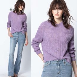 jeans viola Autunno e inverno Nuova nicchia francese ZV Gancio da donna Fiore Scavato Cashmere Solido Maglione lavorato a maglia diviso viola