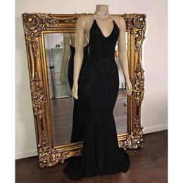 Prom Black Sequined Dresses Mermaid Dubai Halter Neck Sexy Backless Pleats Floor Length Formal Party Evening Dress Custom Made Cheap