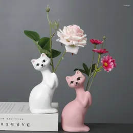 Vases White Ceramic Cartoon Cute Kitten Imitation Flower Vase Living Room Wine Cabinet Tabletop Decoration Home