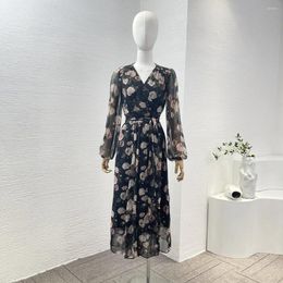 Casual Dresses Worldcloset Black Peony Flowers Print Long Sleeve Belt Wrap Midi Dress For Woman Clothes High Quality