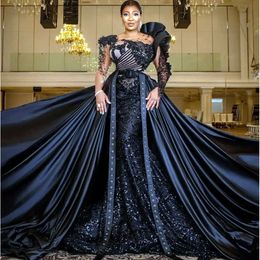 Black Ebi Arabic Aso Mermaid Prom Dress Beaded Crystals Evening Formal Party Second Reception Birthday Engagement Gowns Dresses Robe De Soiree ZJ es