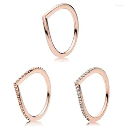Cluster Rings Authentic 925 Sterling Silver Sparkling Rose Gold Wish Bone With Crystal Ring For Women Wedding Party Europe Fashion Jewelry