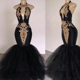 Black Prom Dresses with Gold Appliqued Mermaid South Africa Formal Evening Dress Halter Neck Sweep Train Occasion Party Dresses 104899881