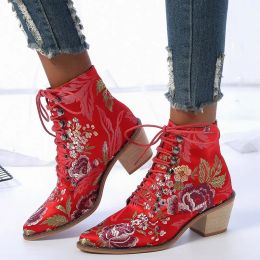 Boots Retro Women Boots Embroider Ethnic Ankle Boots Lace Up Pointed Toe Wedges Heel Shoes Bohemian Floral Chelsea Boots 3543 Size