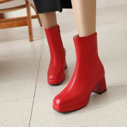 Boots Red Orange White Black Women Ankle Boots Platform Square High Heel Ladies Short Boots Patent PU Leather Square Toe Women's Boots