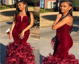 2019 Sexy Burgundy Velvet Prom Dresses Mermaid Strapless Tiered Ruffles Backless Floor Length Party Dress Pageant Evening Dress Fo6181195