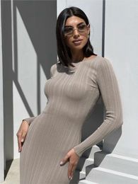 Casual Dresses Fit A-line Long Vestidos 2024 Summer Women Street Vacation Clothes Ribbed Knitted O-neck Full Sleeve Midi Dress Elegant Y2K