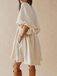 Casual Dresses Women S Loose Mini Dress Solid Color Lantern Sleeve Tunic Short Puffy