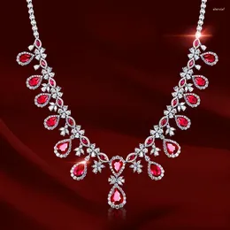 Chains Luxury Lab Ruby Necklace 925 Silver Round Full Diamond Neckalces Women Delicate Noble Statement Jewellery Trendy Engagement Gift