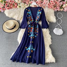 Party Dresses Travel Vacation Retro Ethnic Embroidery Vestidos Female V-neck Fringe Lace-up Puff Sleeve Fashion Temperament Midi Dress