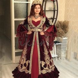 Tradutional Kaftan Abaya Evening Dress Burgudy Moroccan Puff Sleeve Velvet Pearl Bead Lace Muslim Prom Gown Turish Israel Luxury Formal Party Gowns Engagement 2024