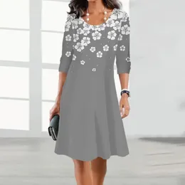 Casual Dresses Women Printed Dress Elegant Floral Print A-line Midi For Spring Swing With Long Sleeves Crew Neck Stylish