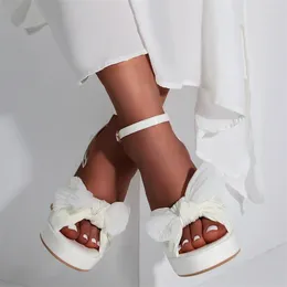 Sandals IPPEUM Women Platform White High Heeled Bowknot Ankle Buckle Strap Chunky Square Heel Wedding Shoes