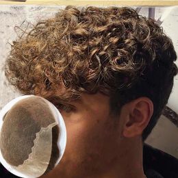 Toupees Toupees 20mm Men's Permed Curly Toupee Bleached Knots Virgin Human Hair Ash Blonde Durable Q6 Base Lace Front Prosthesis System