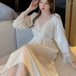 Women's Sleepwear Women Satin Silk Nightgown Spring Summer Long Sleeve Sexy Lingerie Lace V Neck Nightdress Princess Style Gauze Nightie