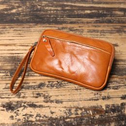 Wallets Vegetable Tanned Leather Zipper Purse Cowhide Zero Wallet Large Capacity Card Bag Storage Key S