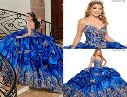 2020 Royal Blue Quinceanera Dresses With Gold Lace Embroidery Halter Ball Gowns Prom Dress Laceup Sweet 16 Gowns2277800