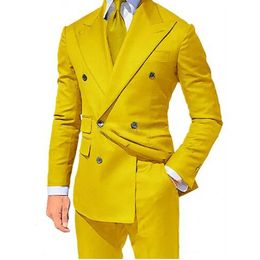 Yellow Men Suits 2 Pieces Set Fashion Mens Casual Boutique Business Formal Wedding Groom Suit Coat Blazer Trousers 2024 240311