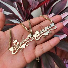 Custom Heart Name Necklace With Heart Ribbon Stainless Steel Crown Nameplate Pendant Necklace Women Jewellery Friends Gifts 240315
