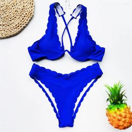 Women's Swimwear Scalloped Bikini Thong Swimsuit String Backless Underwire Pads Bathing Suit Women Beachwear Two Piece Bikinis Set Mujer