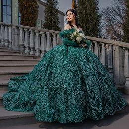 Blackish Green Princess Puffy Quinceanera Dresses Off Shoulder Beads Tull 3DFloral Lace-up Corset Cathedral Train vestido de 15 anos