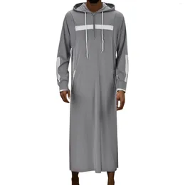 Ethnic Clothing Douhoow Hooded Jubba Thobe Oversized Drawstring Long Striped Robe For Men Sleeve Zipper Contrast Colour Clothes