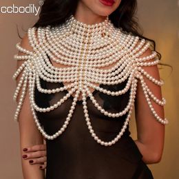 Sexy Womens Pearl Body Chains Bra Shawl Fashion Adjustable Size Shoulder Necklaces Tops Chain Wedding Dress Pearls Body Jewelry240312