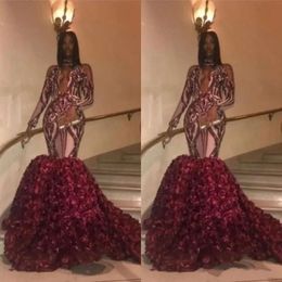 Mermaid African High Prom Party Dresses Sexy Open Neck Appliques Rose Train Evening Gowns Zipper Back Long Sleeves