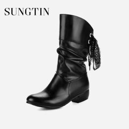 Boots Sungtin Classic Lace Up MidCalf Boots For Women Low Heel Riding Boots Spring Autumn Ladies PU Leather Boots White Large Size