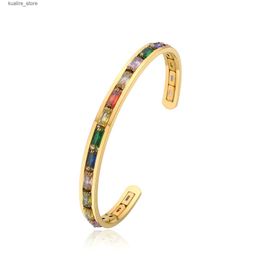 Charm Bracelets Stainless Steel Women Bangle Gold Plated Cuff Colorful Tennis Cz Chunky Bangle Wristband Jewelry Adjustable L240322