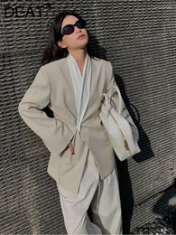 Women's Suits Fashion Contrast Color Scarf Collar Blazer Waist Wrapped Single Button Long Sleeve Suit Jackets Spring 2024