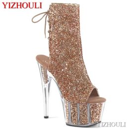 Botlar 17cm Ziyafet Sahne Botları Parlak parça platformu 7in Stiletto Heels Glitter Uppers Gece Kulübü Kutup Dans Gösterisi Giden