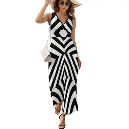 Casual Dresses Geometric Black And White Line Pattern Sleeveless Dress Purple Summer Womens 2024