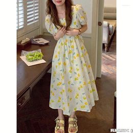 Party Dresses Summer Cute Date Girls Yellow Vestidos Women Short Sleeve A Line Floral Print Square Neck Long Dress