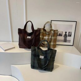 Drawstring Women Plaid Shoulder Bag Large Capacity Retro Tote Versatile Satchel Hobo College Travel Shopping