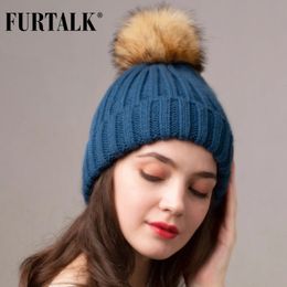 FURTALK Beanie Hat Winter Hats for Women Knitted Pom Fleece Lined Soft Warm Female Cap Skullies Black Grey 240311