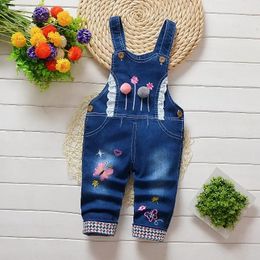 DIIMUU Infant Toddler Baby Girls Overalls Clothing Bowknot Printing Jeans Denim Cotton Casual Trousers Suspender Pants 240307
