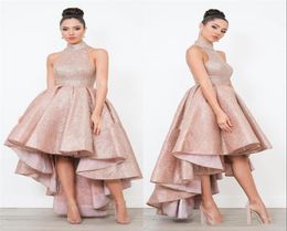 Rose Gold Sequined Arabic Short Prom Dresses High Neck Plus Size High Low Formal Pageant Evening Party Gowns6104439