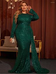 Party Dresses Plus Size 4XL 5XL Long Sleeve Stretch Dark Green Beaded Fishtail Floor-Length Evening Dress Luxuryevening Women