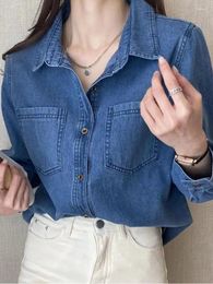 Women's Blouses Oversized Vintage Denim Shirt For Women Spring Autumn Korean Long Sleeves Cardigan Ladies Coat Casual Versatile Blue Tops