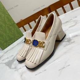 MARMONT Interlocking G Fringe Loafer Shoes Block Heels Pumps Sandals Designer Women Shoes 2Tone Slides Mules Party Casual Mid High Heel Polly Kiltie Gold Chain 2024