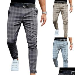 Men'S Pants Mens Shzq Cheque Slim Fit Soft Stretch Casual Long Trousers Work Office Business Male Summer Pant Streetwear Drop Delivery Dhp0T