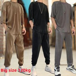 Men's Tracksuits Men Fashionable Outfit Sets Elastic Silky Casual High Quality Straight Short-sleeved Pleated Sports Pants Summer Clothing