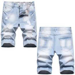 Summer Thin Denim Shorts, Torn Middle Korean Version, Loose Straight Print, Men's Cropped Pants, Trendy Pants
