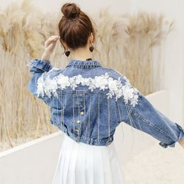 New Spring and Autumn Street Style Holes Denim Jackets for Women Cartoon Diamonds Jean Coats and Jackets Ripped Winbreaker 201109