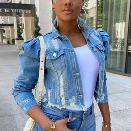 2021 Spring Autumn S-5xl Women Denim Puff Sleeve Button Ripped Jacket Plus Size Fashion Street Wear Short Tops Casual Coat