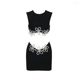 Work Dresses 2024 Women Bandage Sets Sexy Beading Sleeveless Tops & Mini Skirt Two Pieces Bodycon